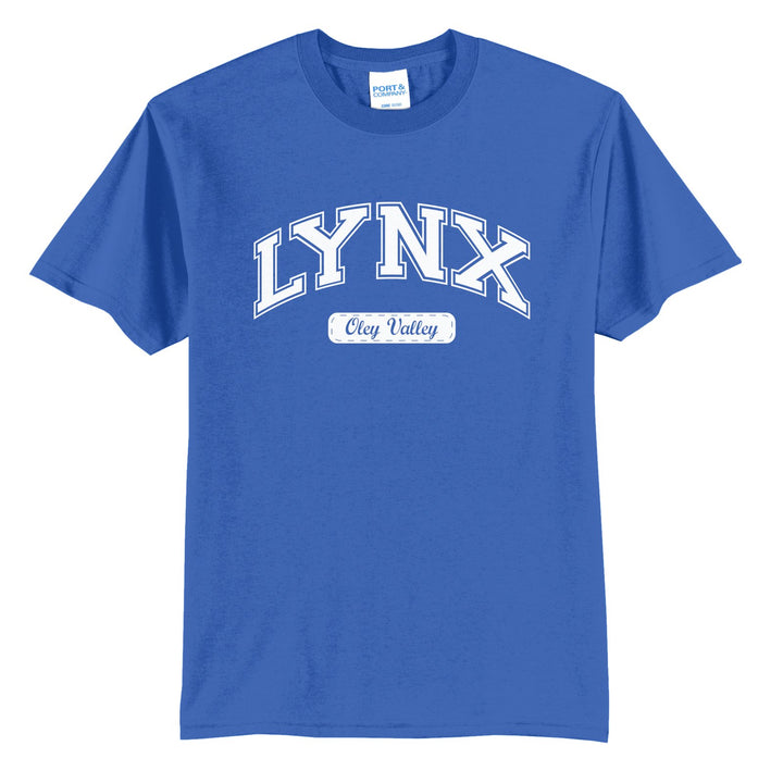 Oley Valley Lynx Varsity Arch t-shirt in Royal: arched varsity LYNX lettering over an Oley Valley script badge