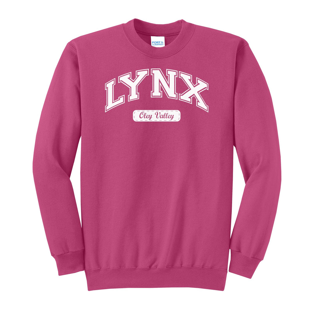 Oley Valley Lynx Varsity Arch crewneck sweatshirt in Sangria: arched varsity LYNX lettering over an Oley Valley script badge