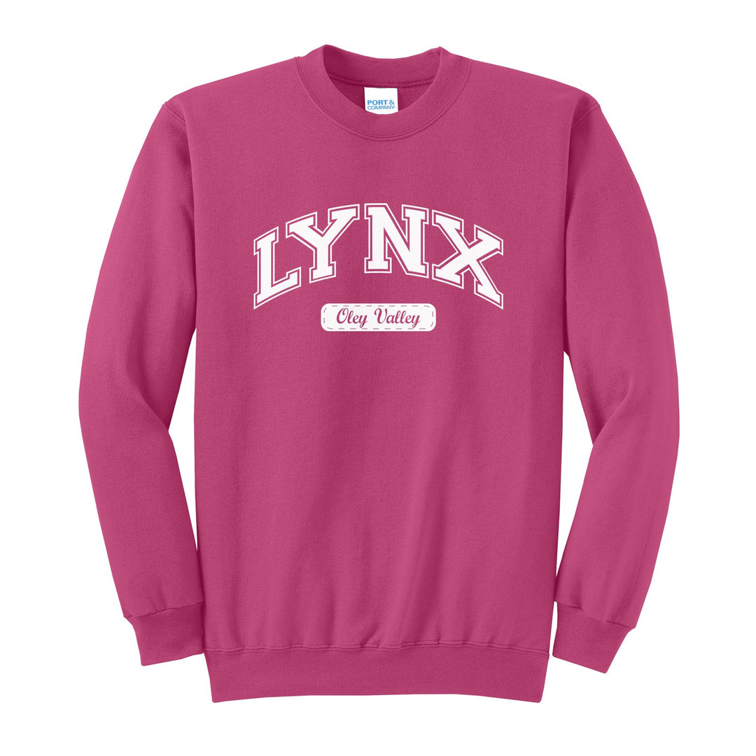Oley Valley Lynx Varsity Arch crewneck sweatshirt in Sangria: arched varsity LYNX lettering over an Oley Valley script badge