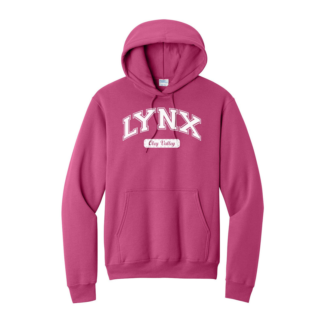 Oley Valley Lynx Varsity Arch hoodie in Sangria: arched varsity LYNX lettering over an Oley Valley script badge