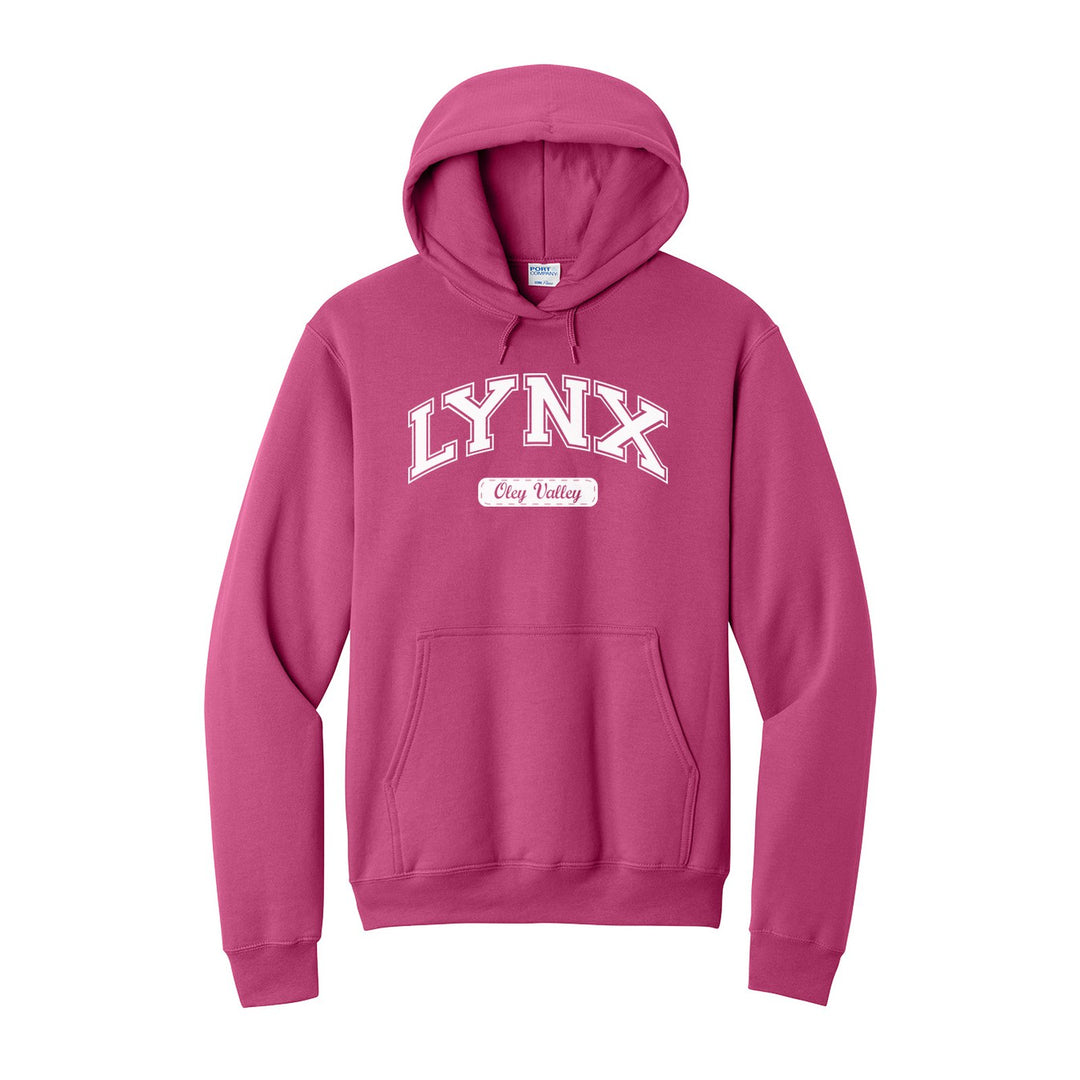 Oley Valley Lynx Varsity Arch hoodie in Sangria: arched varsity LYNX lettering over an Oley Valley script badge