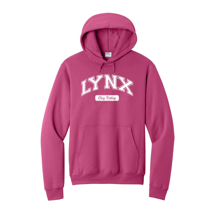 Oley Valley Lynx Varsity Arch hoodie in Sangria: arched varsity LYNX lettering over an Oley Valley script badge