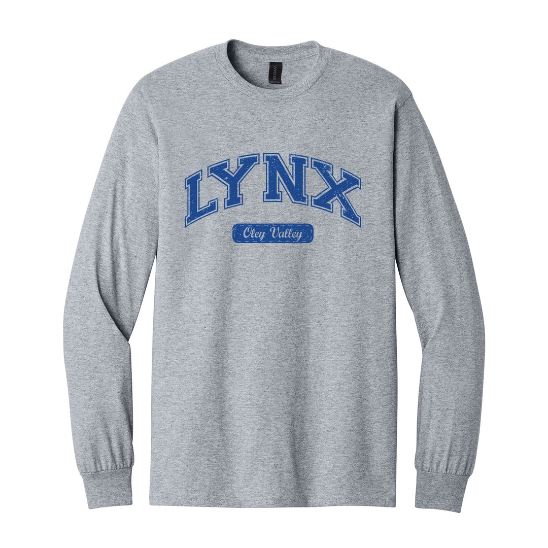 Oley Valley Lynx Varsity Arch long sleeve t-shirt in Sport Grey: arched varsity LYNX lettering over an Oley Valley script badge