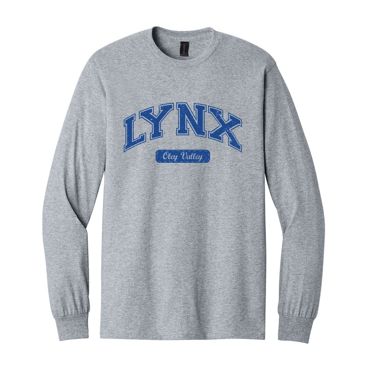 Oley Valley Lynx Varsity Arch long sleeve t-shirt in Sport Grey: arched varsity LYNX lettering over an Oley Valley script badge