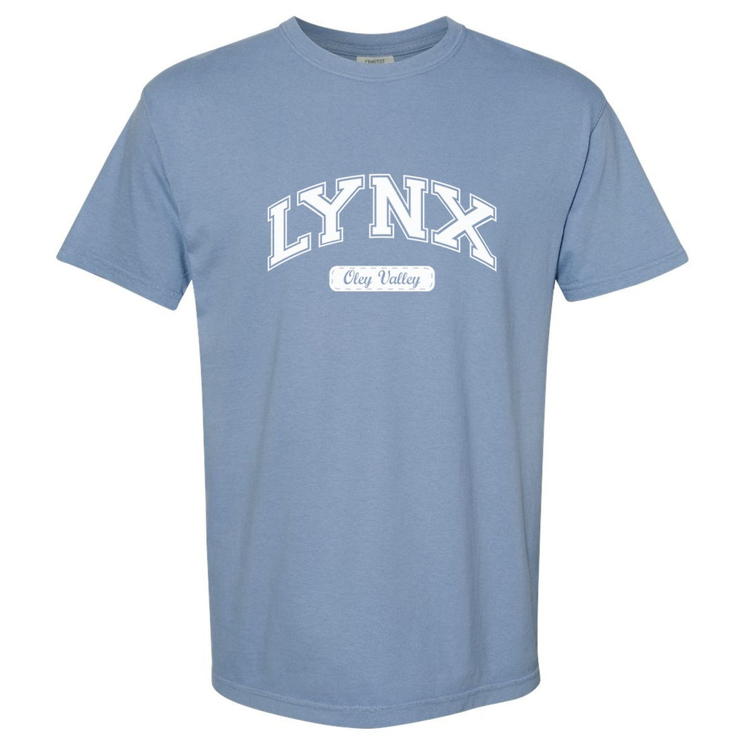 Oley Valley Lynx Varsity Arch comfort colors t-shirt in Washed Denim: arched varsity LYNX lettering over an Oley Valley script badge