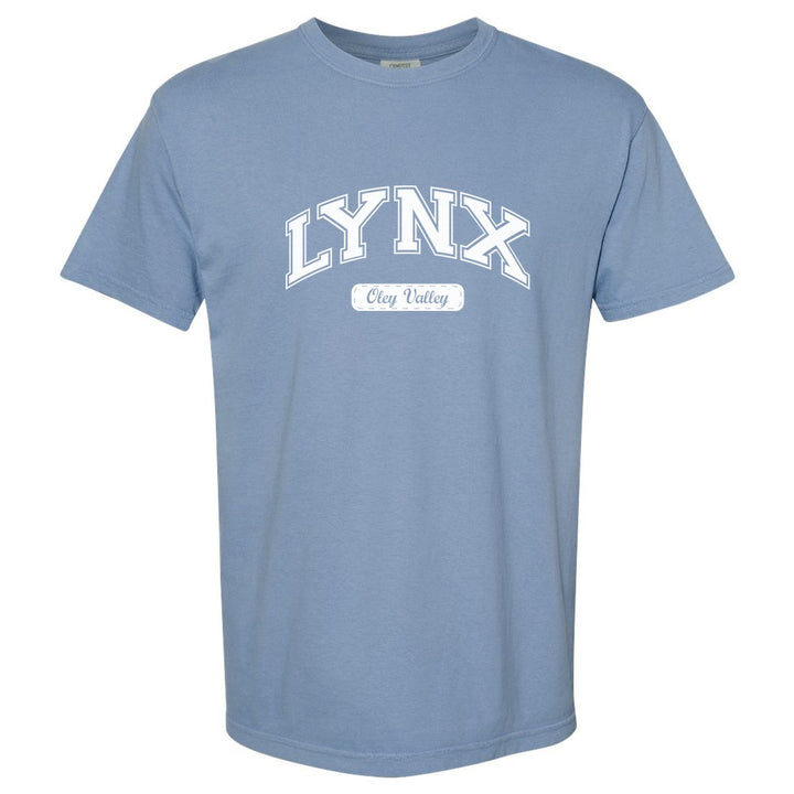 Oley Valley Lynx Varsity Arch comfort colors t-shirt in Washed Denim: arched varsity LYNX lettering over an Oley Valley script badge