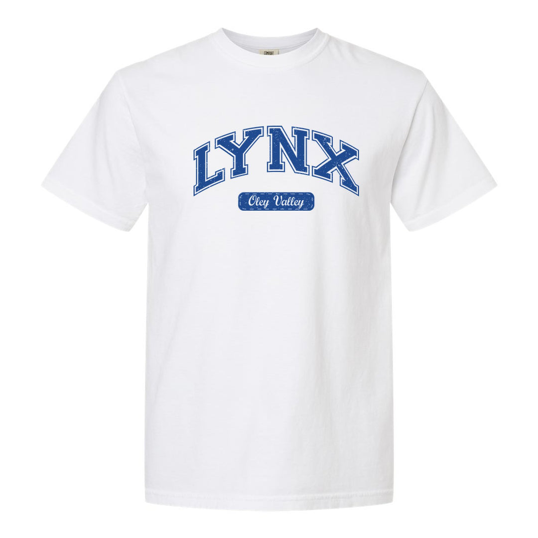 Oley Valley Lynx Varsity Arch comfort colors t-shirt in White: arched varsity LYNX lettering over an Oley Valley script badge