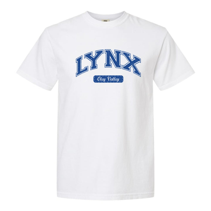 Oley Valley Lynx Varsity Arch comfort colors t-shirt in White: arched varsity LYNX lettering over an Oley Valley script badge