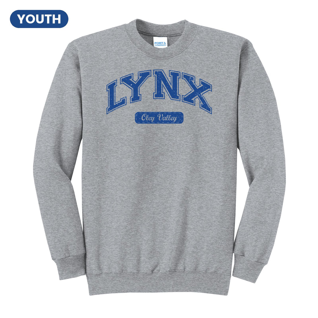 Oley Valley Lynx Varsity Arch youth crewneck sweatshirt in Athletic Heather: arched varsity LYNX lettering over an Oley Valley script badge