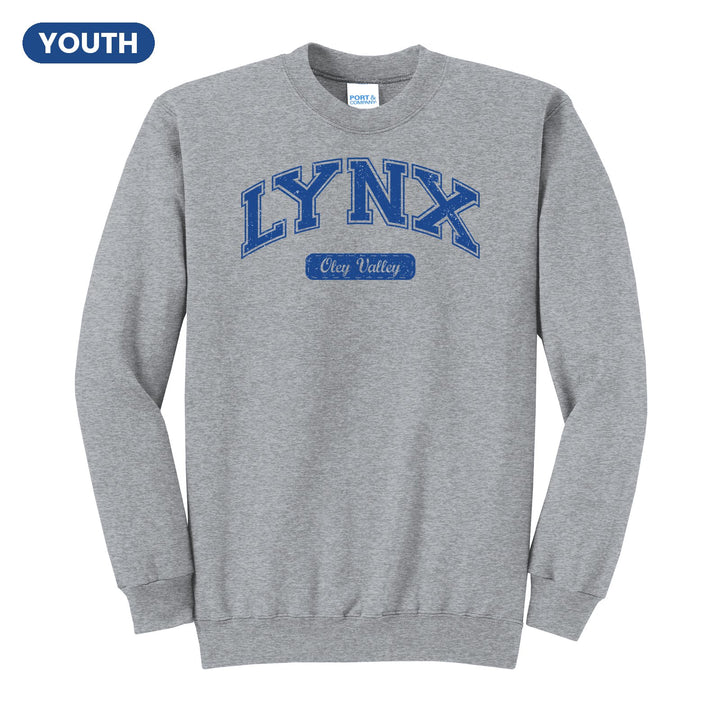 Oley Valley Lynx Varsity Arch youth crewneck sweatshirt in Athletic Heather: arched varsity LYNX lettering over an Oley Valley script badge