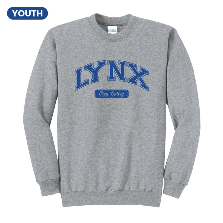 Oley Valley Lynx Varsity Arch youth crewneck sweatshirt in Athletic Heather: arched varsity LYNX lettering over an Oley Valley script badge