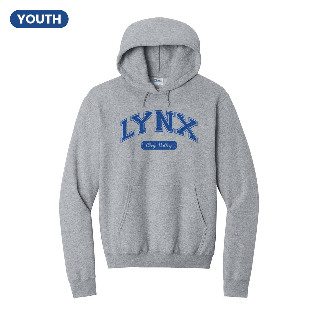 Oley Valley Lynx Varsity Arch youth hoodie in Athletic Heather: arched varsity LYNX lettering over an Oley Valley script badge
