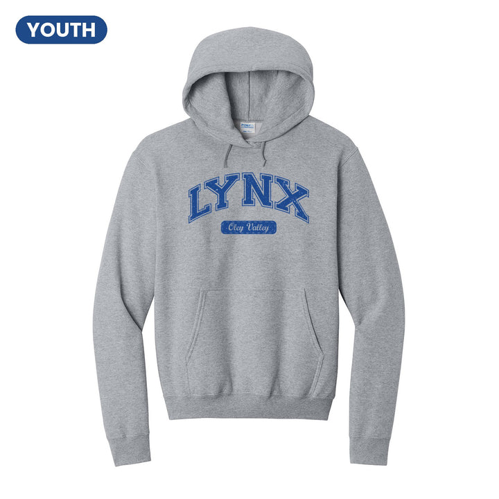 Oley Valley Lynx Varsity Arch youth hoodie in Athletic Heather: arched varsity LYNX lettering over an Oley Valley script badge