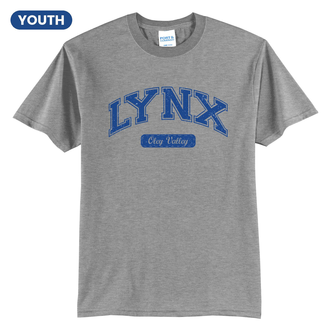 Oley Valley Lynx Varsity Arch youth t-shirt in Athletic Heather: arched varsity LYNX lettering over an Oley Valley script badge