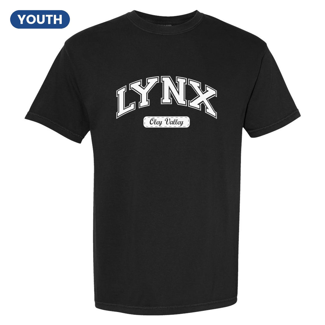 Oley Valley Lynx Varsity Arch youth comfort colors t-shirt in Black: arched varsity LYNX lettering over an Oley Valley script badge