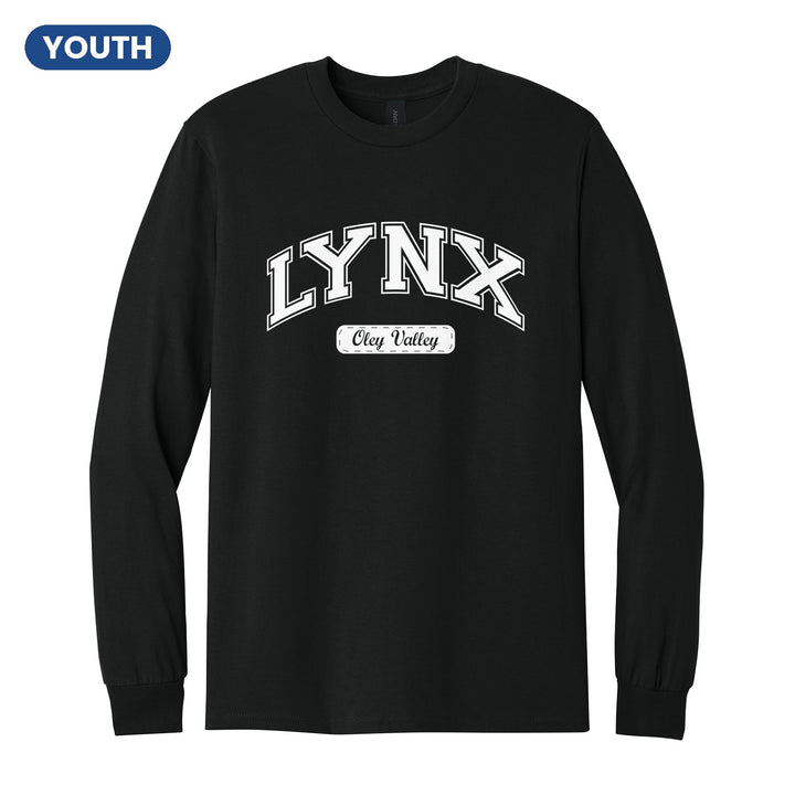 Oley Valley Lynx Varsity Arch youth long sleeve t-shirt in Black: arched varsity LYNX lettering over an Oley Valley script badge