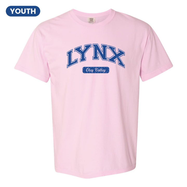 Oley Valley Lynx Varsity Arch youth comfort colors t-shirt in Blossom: arched varsity LYNX lettering over an Oley Valley script badge