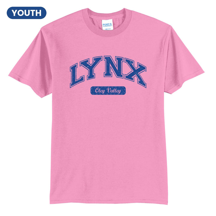 Oley Valley Lynx Varsity Arch youth t-shirt in Candy Pink: arched varsity LYNX lettering over an Oley Valley script badge