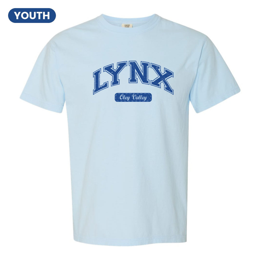 Oley Valley Lynx Varsity Arch youth comfort colors t-shirt in Chambray: arched varsity LYNX lettering over an Oley Valley script badge