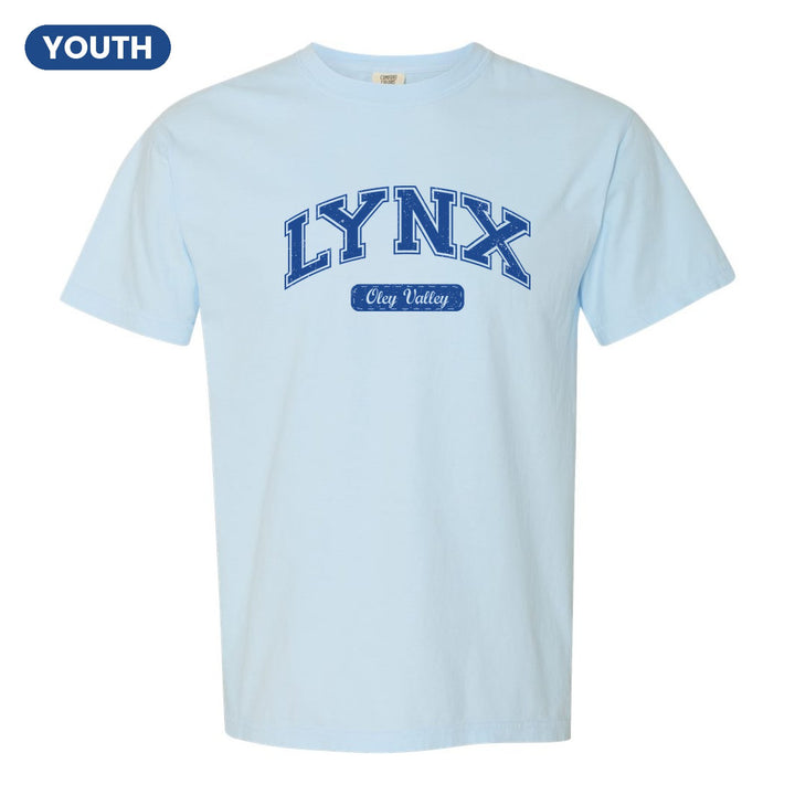 Oley Valley Lynx Varsity Arch youth comfort colors t-shirt in Chambray: arched varsity LYNX lettering over an Oley Valley script badge