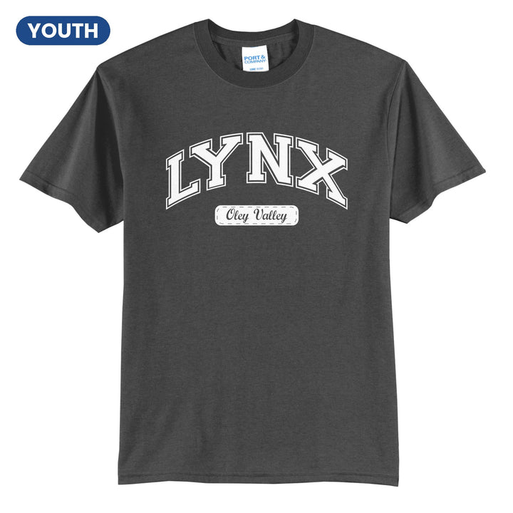 Oley Valley Lynx Varsity Arch youth t-shirt in Charcoal: arched varsity LYNX lettering over an Oley Valley script badge