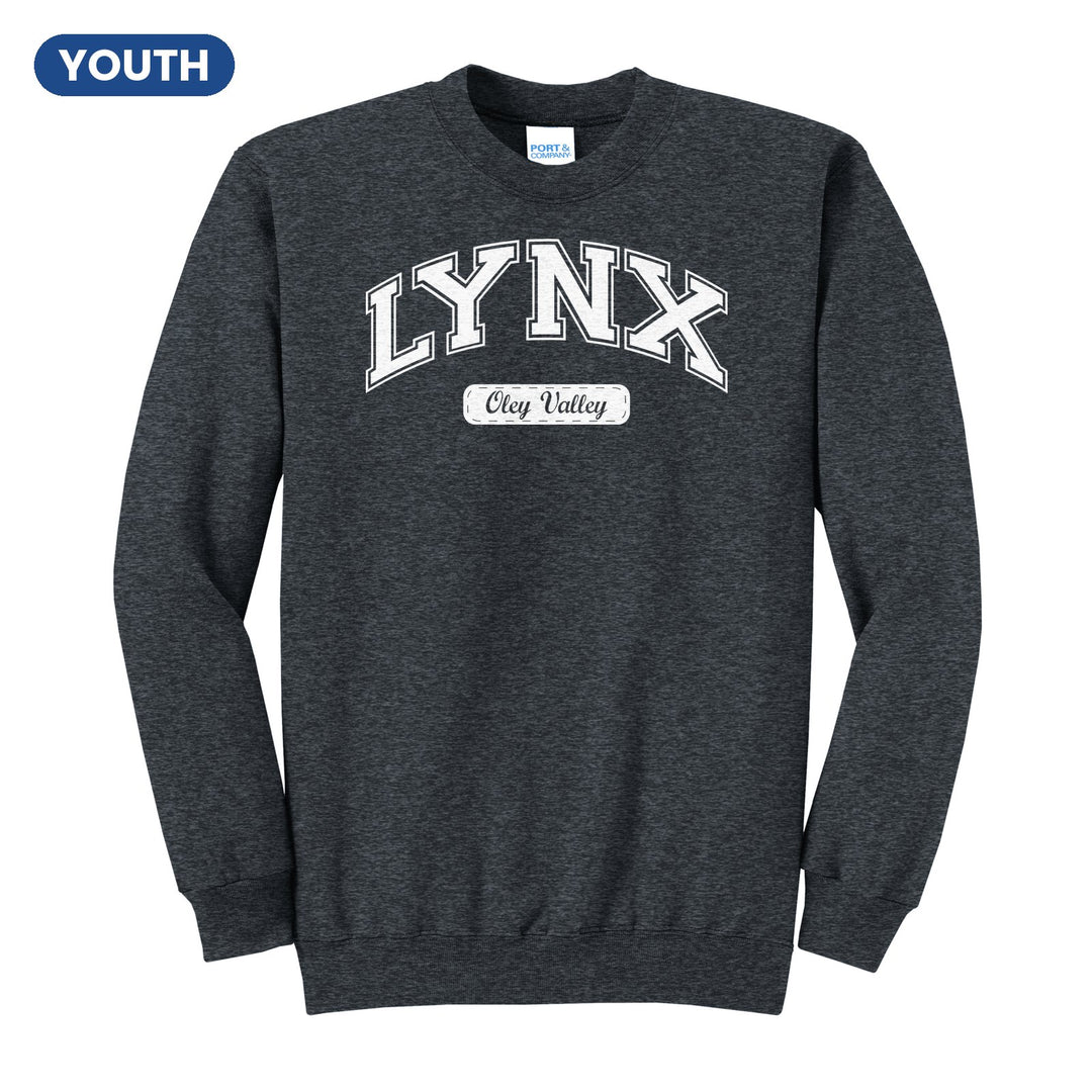 Oley Valley Lynx Varsity Arch youth crewneck sweatshirt in Dark Heather Grey: arched varsity LYNX lettering over an Oley Valley script badge