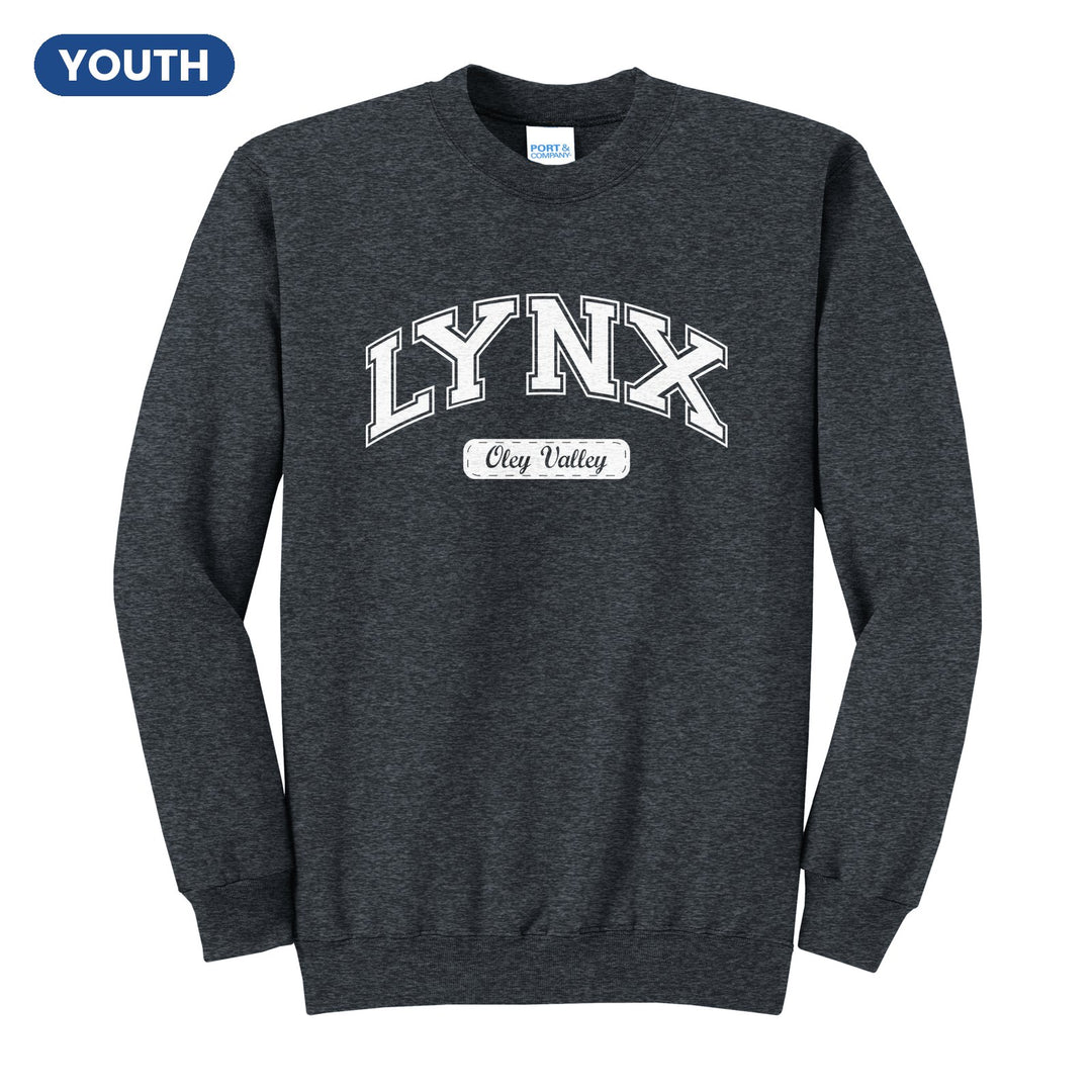 Oley Valley Lynx Varsity Arch youth crewneck sweatshirt in Dark Heather Grey: arched varsity LYNX lettering over an Oley Valley script badge