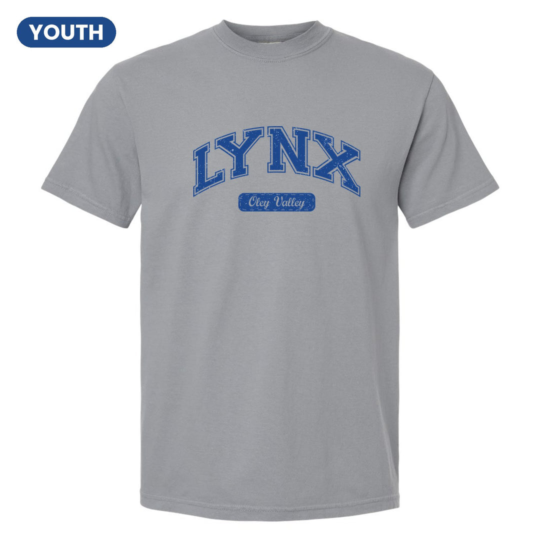 Oley Valley Lynx Varsity Arch youth comfort colors t-shirt in Granite: arched varsity LYNX lettering over an Oley Valley script badge