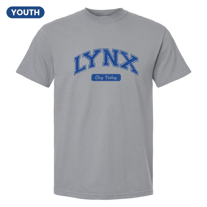 Oley Valley Lynx Varsity Arch youth comfort colors t-shirt in Granite: arched varsity LYNX lettering over an Oley Valley script badge