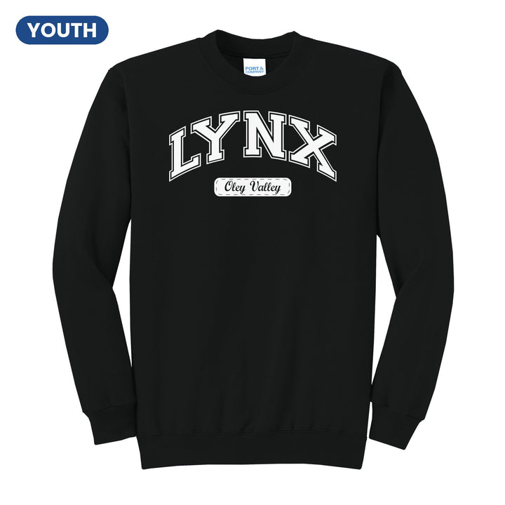 Oley Valley Lynx Varsity Arch youth crewneck sweatshirt in Jet Black: arched varsity LYNX lettering over an Oley Valley script badge