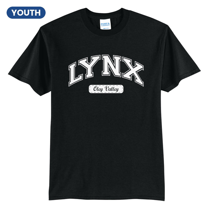 Oley Valley Lynx Varsity Arch youth t-shirt in Jet Black: arched varsity LYNX lettering over an Oley Valley script badge