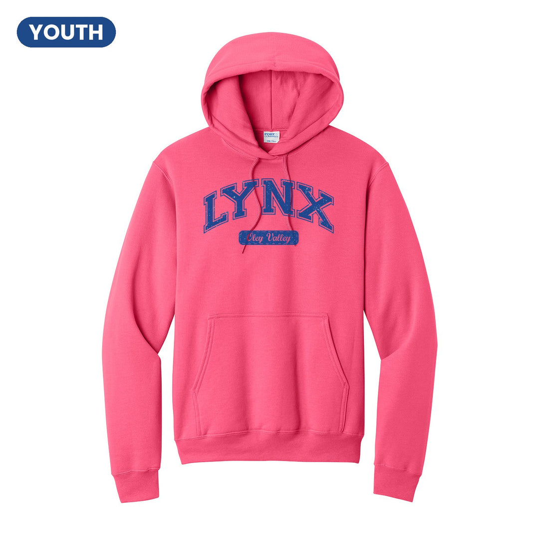 Oley Valley Lynx Varsity Arch youth hoodie in Neon Pink: arched varsity LYNX lettering over an Oley Valley script badge