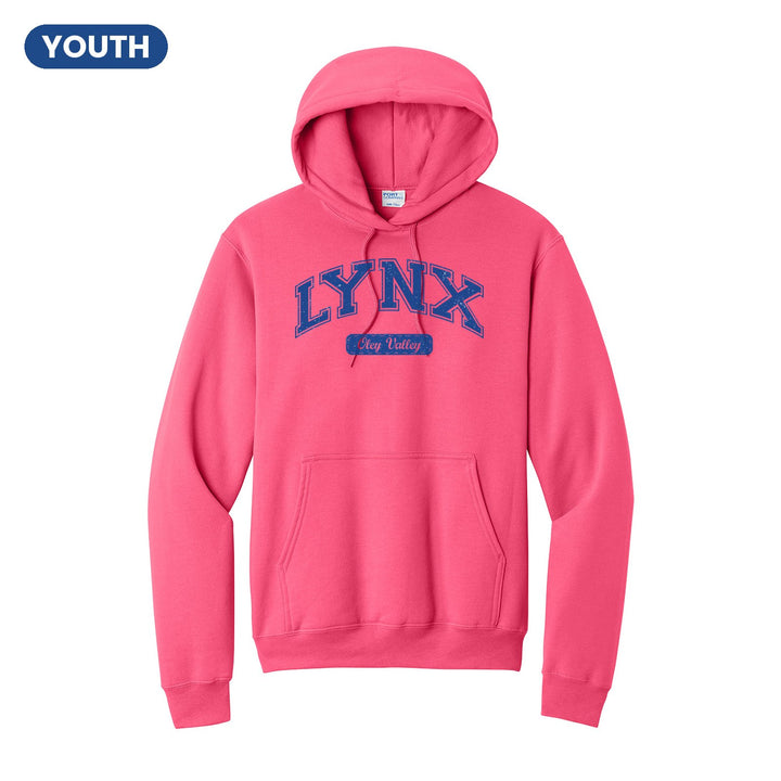 Oley Valley Lynx Varsity Arch youth hoodie in Neon Pink: arched varsity LYNX lettering over an Oley Valley script badge