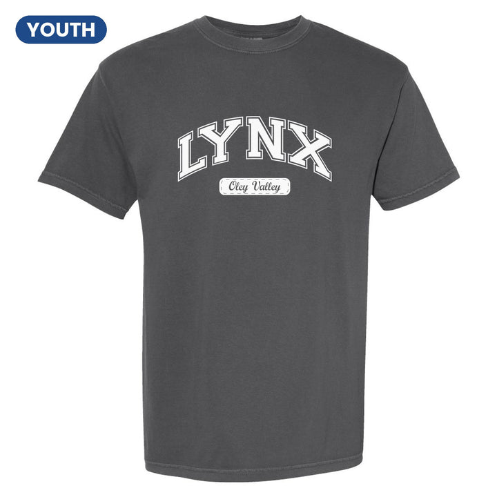 Oley Valley Lynx Varsity Arch youth comfort colors t-shirt in Pepper: arched varsity LYNX lettering over an Oley Valley script badge
