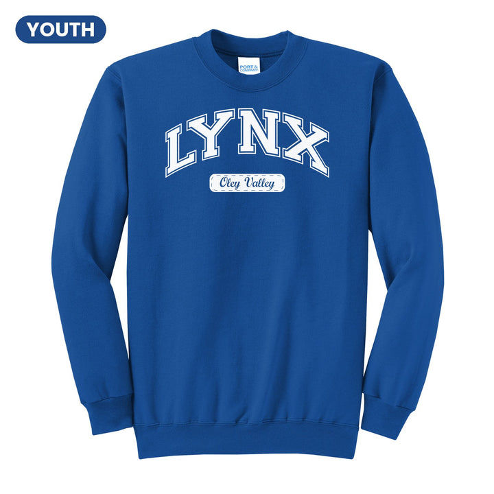 Oley Valley Lynx Varsity Arch youth crewneck sweatshirt in Royal: arched varsity LYNX lettering over an Oley Valley script badge