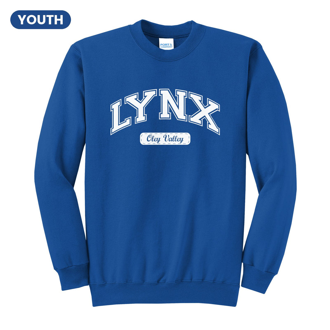 Oley Valley Lynx Varsity Arch youth crewneck sweatshirt in Royal: arched varsity LYNX lettering over an Oley Valley script badge