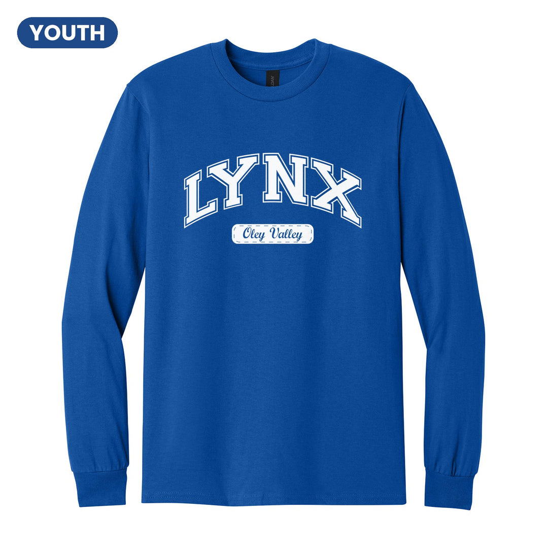 Oley Valley Lynx Varsity Arch youth long sleeve t-shirt in Royal: arched varsity LYNX lettering over an Oley Valley script badge