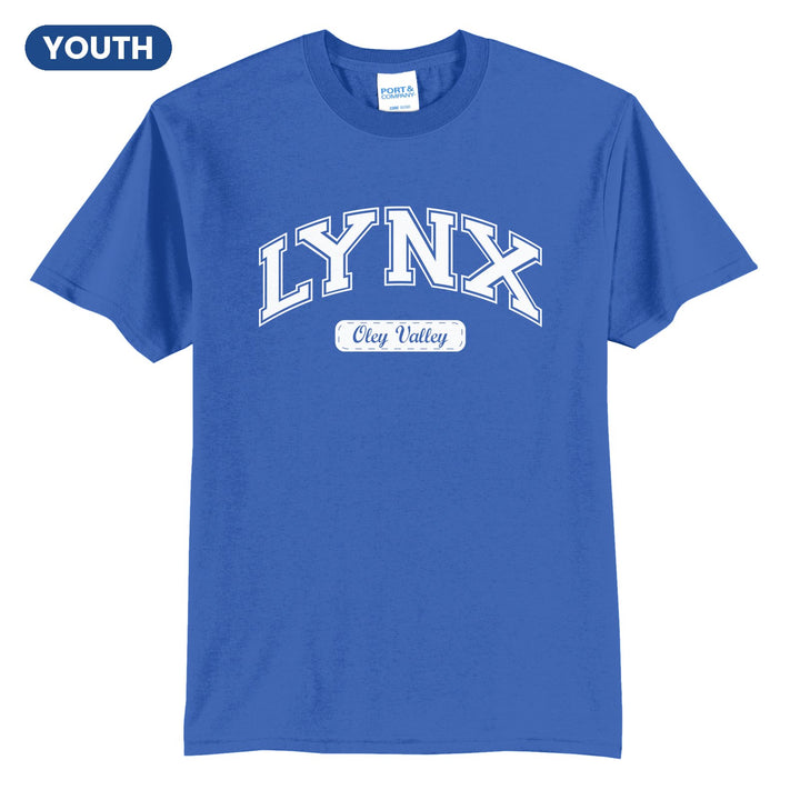 Oley Valley Lynx Varsity Arch youth t-shirt in Royal: arched varsity LYNX lettering over an Oley Valley script badge