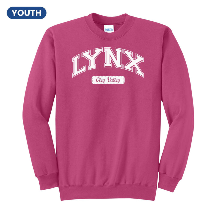 Oley Valley Lynx Varsity Arch youth crewneck sweatshirt in Sangria: arched varsity LYNX lettering over an Oley Valley script badge