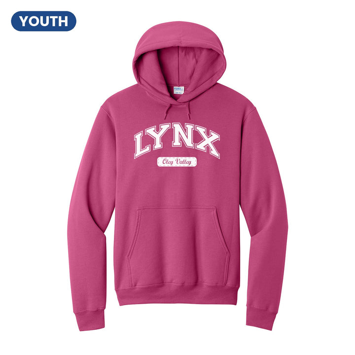 Oley Valley Lynx Varsity Arch youth hoodie in Sangria: arched varsity LYNX lettering over an Oley Valley script badge