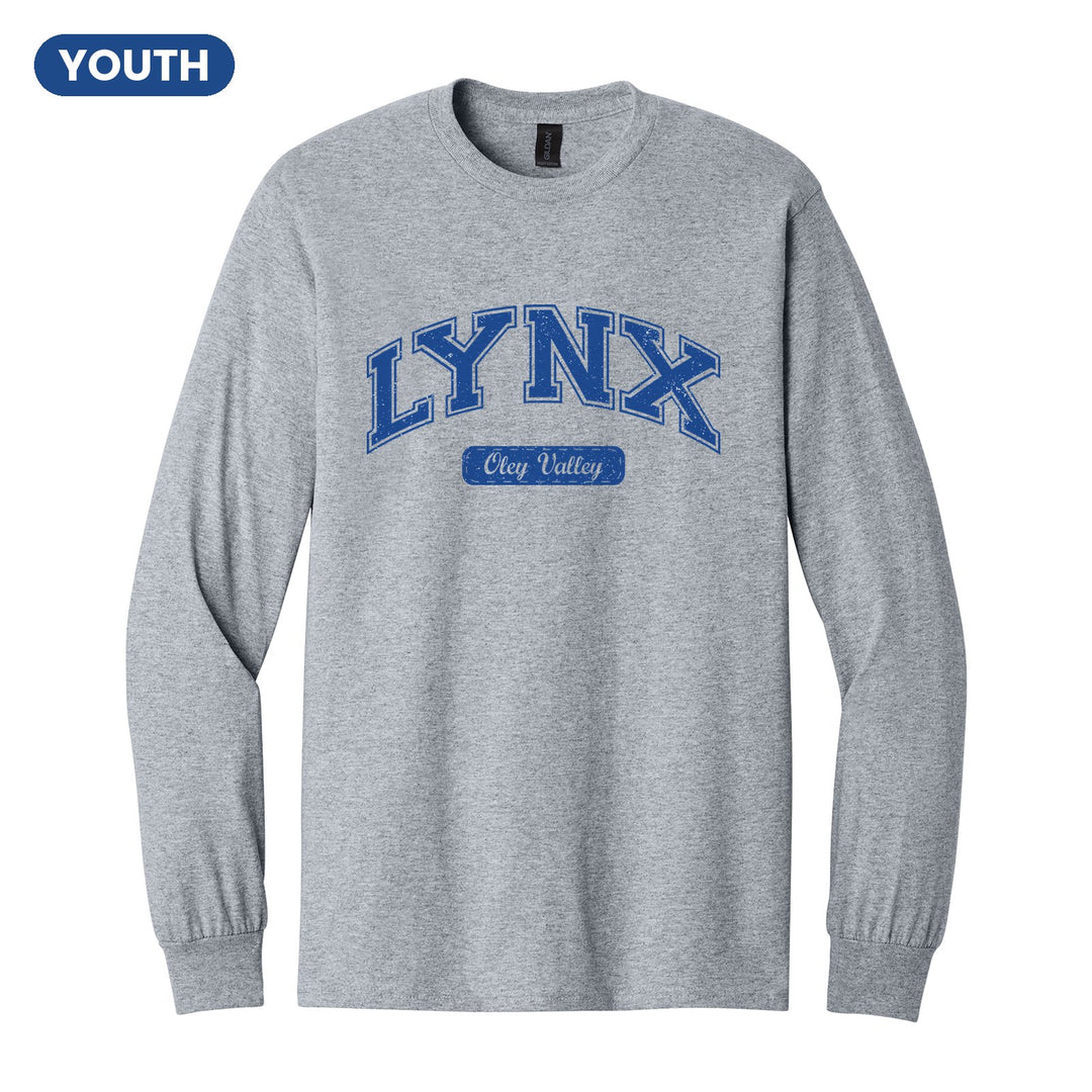 Oley Valley Lynx Varsity Arch youth long sleeve t-shirt in Sport Grey: arched varsity LYNX lettering over an Oley Valley script badge
