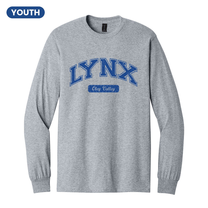 Oley Valley Lynx Varsity Arch youth long sleeve t-shirt in Sport Grey: arched varsity LYNX lettering over an Oley Valley script badge