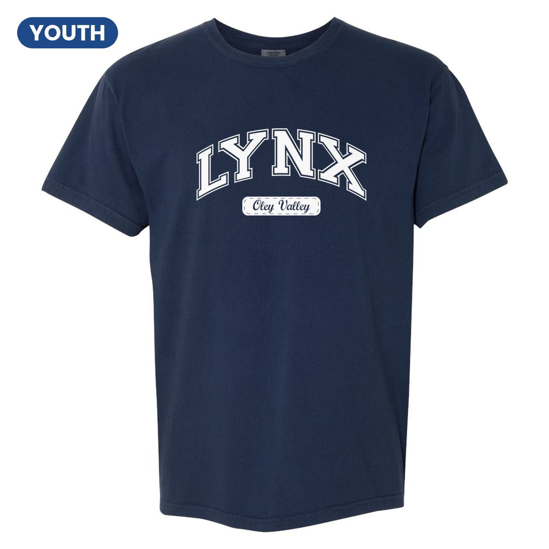 Oley Valley Lynx Varsity Arch youth comfort colors t-shirt in True Navy: arched varsity LYNX lettering over an Oley Valley script badge