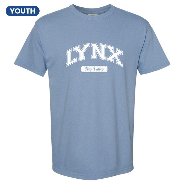 Oley Valley Lynx Varsity Arch youth comfort colors t-shirt in Washed Denim: arched varsity LYNX lettering over an Oley Valley script badge