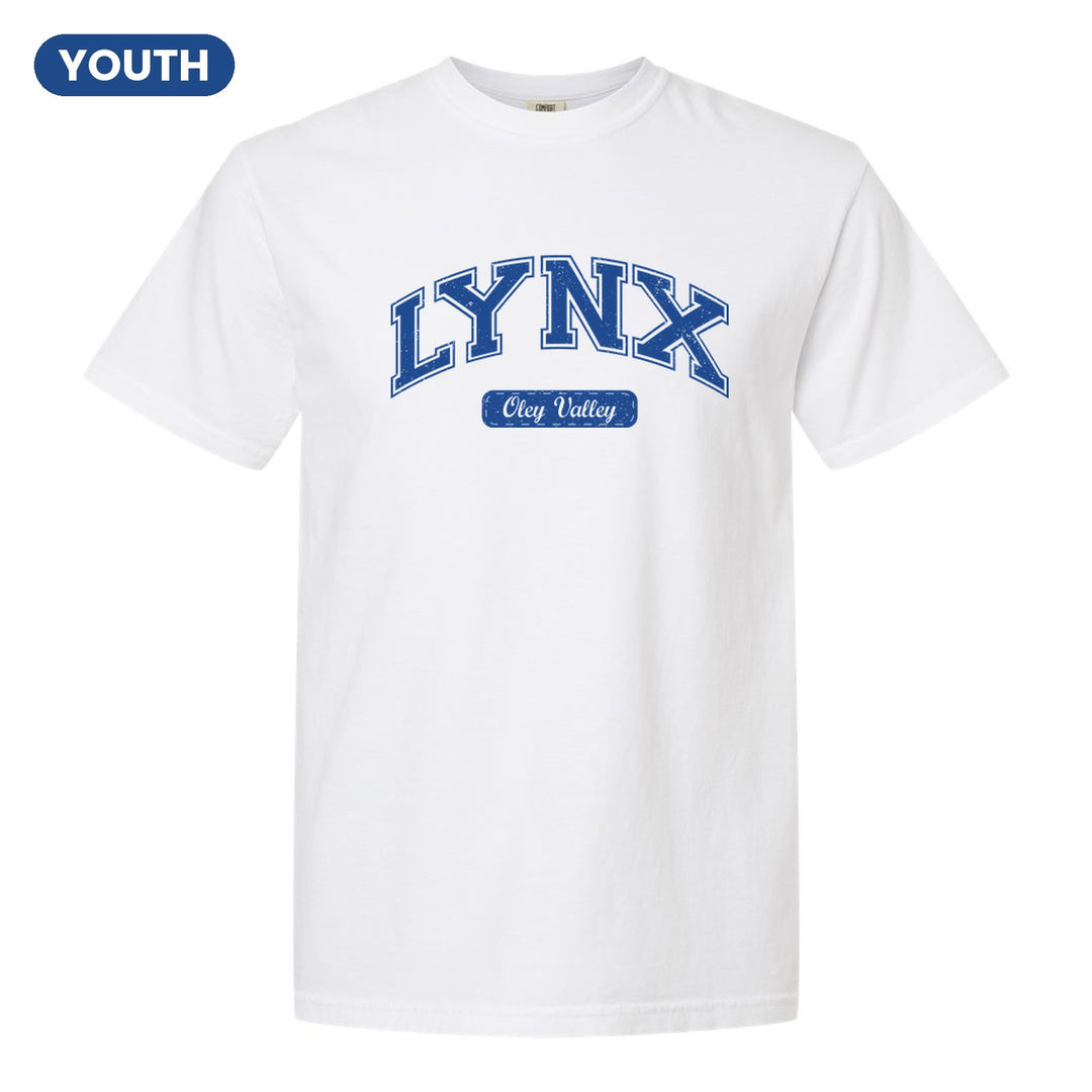 Oley Valley Lynx Varsity Arch youth comfort colors t-shirt in White: arched varsity LYNX lettering over an Oley Valley script badge