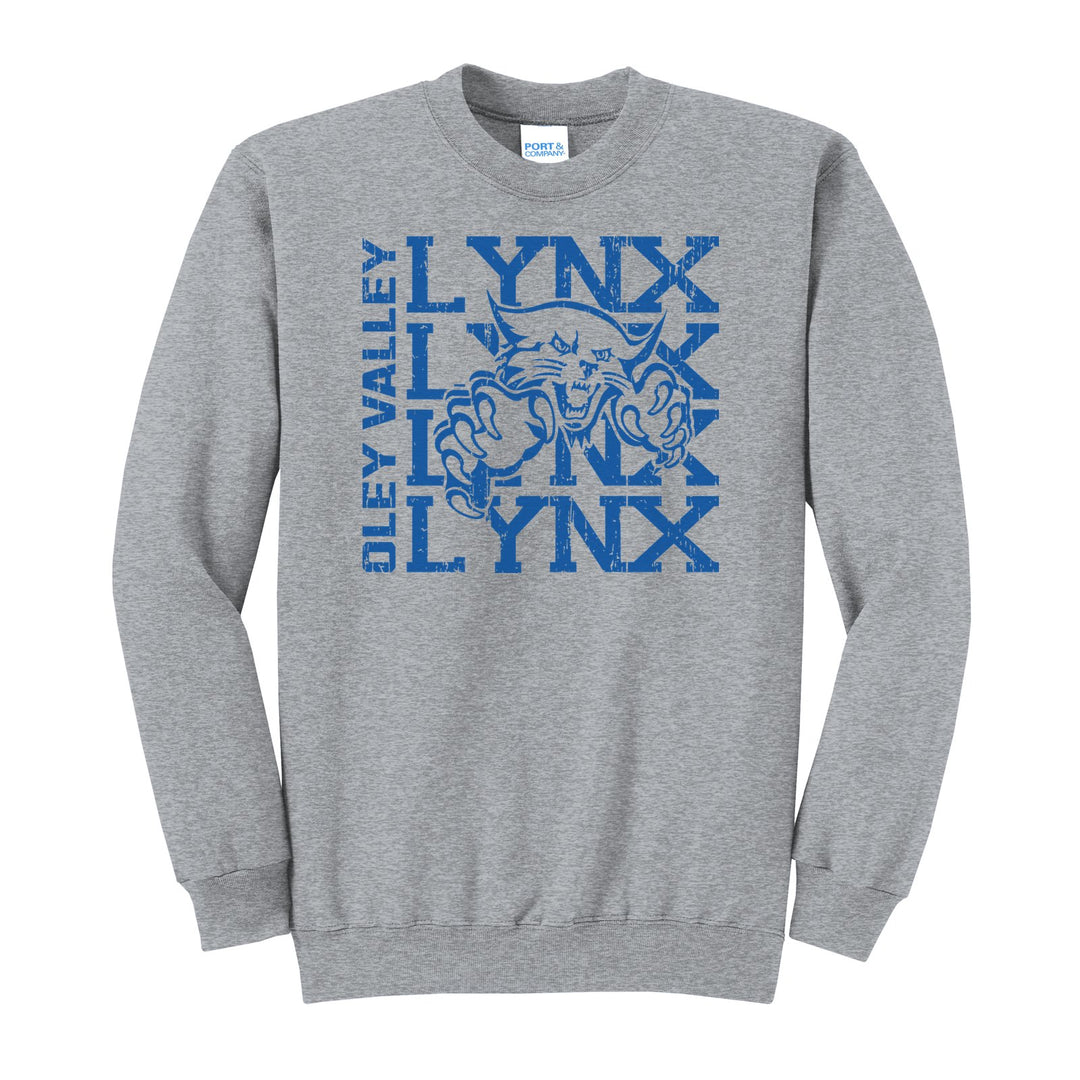 Oley Valley Lynx Stacked Mascot crewneck sweatshirt in Athletic Heather: LYNX stacked four times behind the lynx mascot, with OLEY VALLEY running up the side