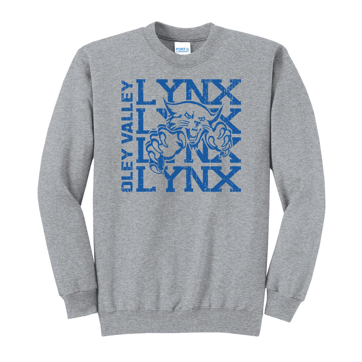 Oley Valley Lynx Stacked Mascot crewneck sweatshirt in Athletic Heather: LYNX stacked four times behind the lynx mascot, with OLEY VALLEY running up the side