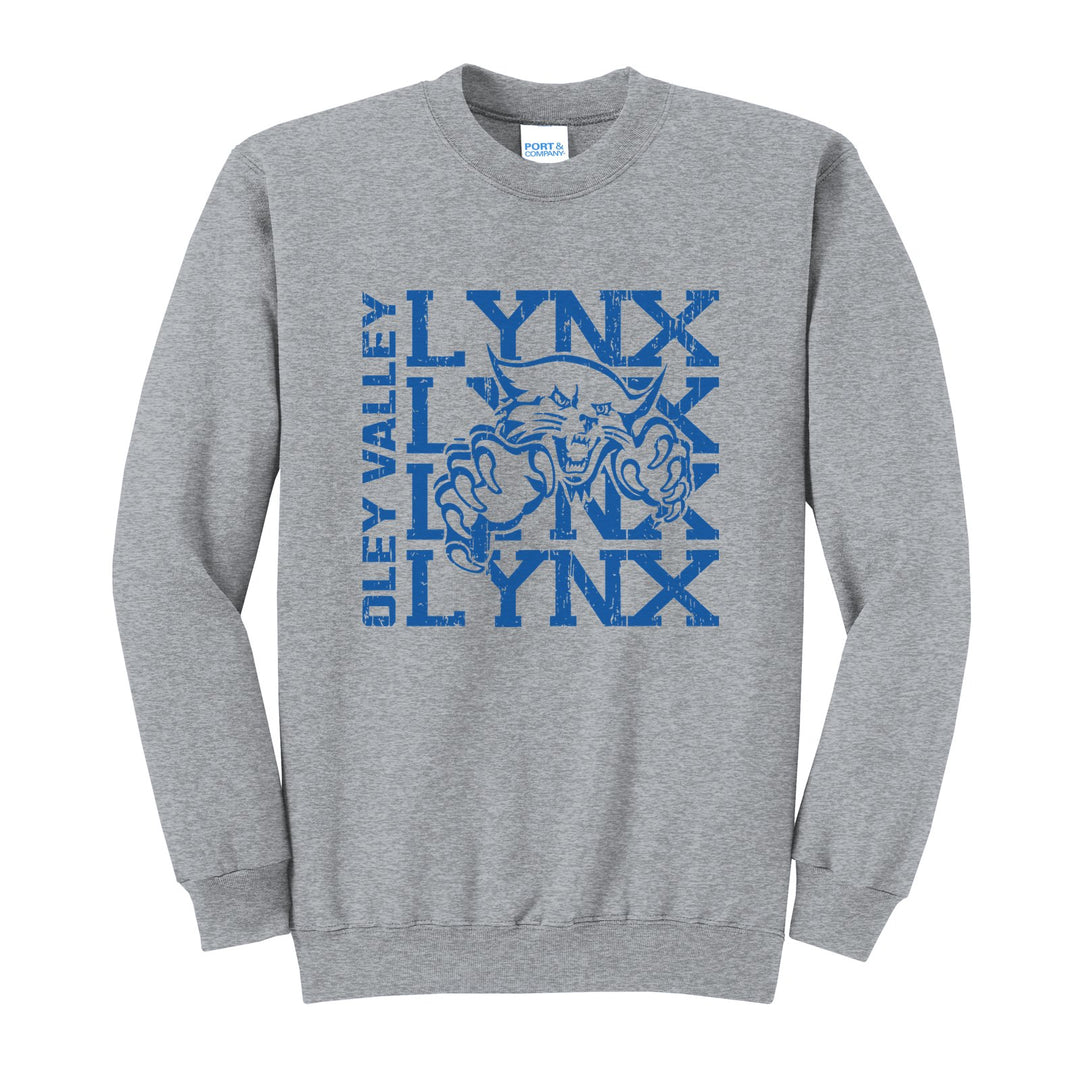 Oley Valley Lynx Stacked Mascot crewneck sweatshirt in Athletic Heather: LYNX stacked four times behind the lynx mascot, with OLEY VALLEY running up the side