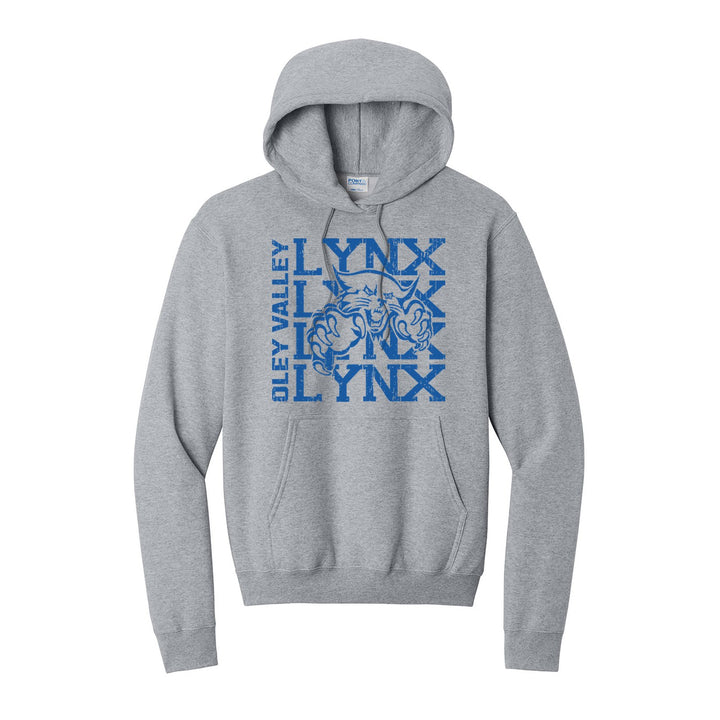 Oley Valley Lynx Stacked Mascot hoodie in Athletic Heather: LYNX stacked four times behind the lynx mascot, with OLEY VALLEY running up the side