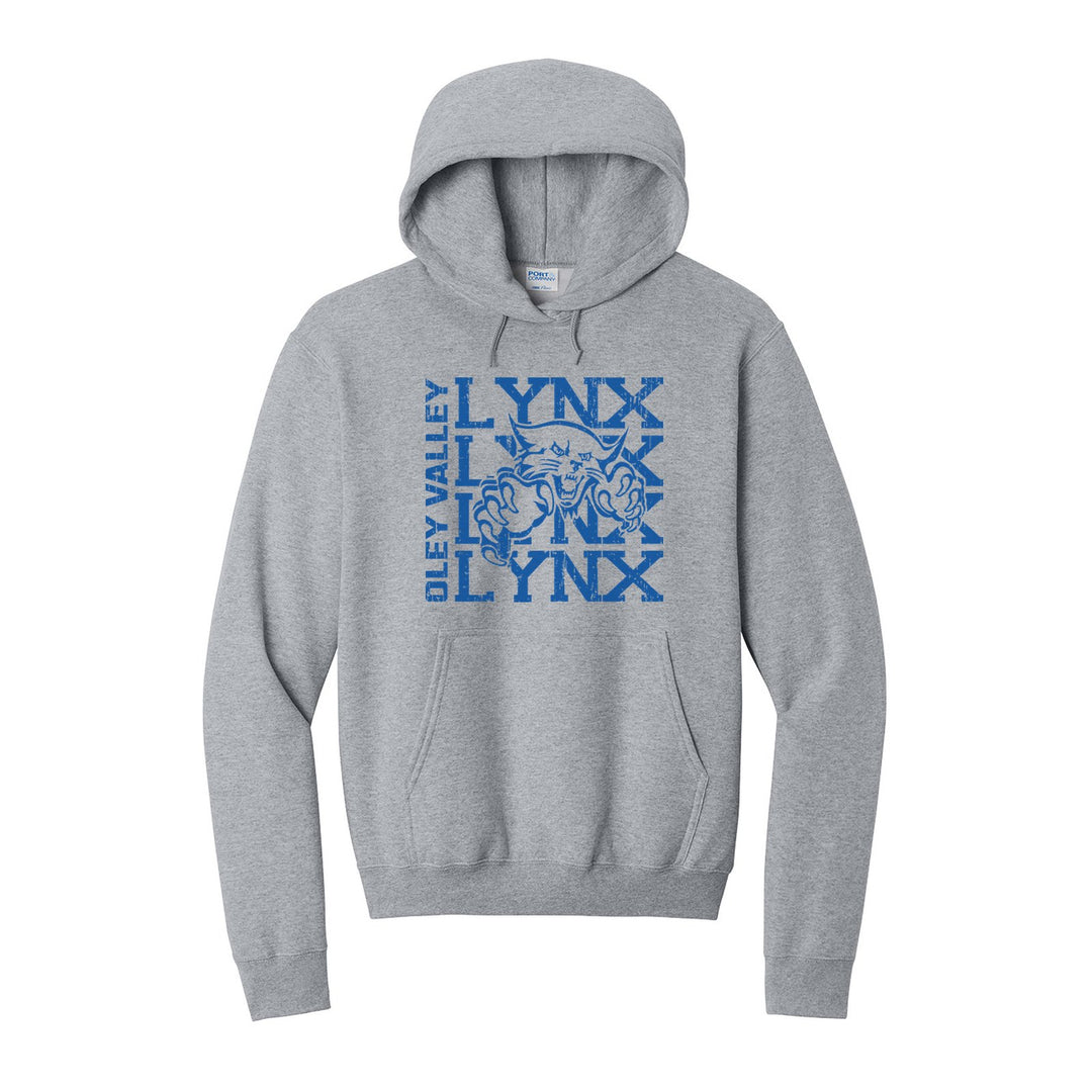 Oley Valley Lynx Stacked Mascot hoodie in Athletic Heather: LYNX stacked four times behind the lynx mascot, with OLEY VALLEY running up the side
